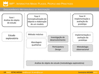 IMP3 . INTERACTIVE MAGIC PLACES, PEOPLE AND PRACTICES
ENQUADRAMENTO METODOLÓGICO DA INVESTIGAÇÃO
Fase I
Análise do objeto
de estudo

Estudo
exploratório

Fase II
Conceptualização do
objecto e elaboração
de um modelo

Fase III
Implementação e
avaliação do
protótipo

Método indutivo
Investigação de
desenvolvimento

Implementação e
avaliação do
protótipo

Participatory
Design

Metodologia
observacional

Abordagem
qualitativa

Análise do objeto de estudo (metodologia exploratória)

UA DeCA CETAC.MEDIA aiv@ua.pt & oem@ua.pt

Seminário MCMM 2013

 