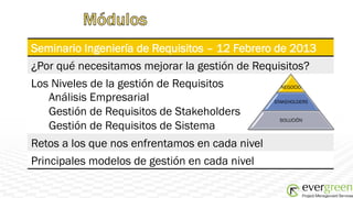 Seminario Ingeniería de Requisitos – 12 Febrero de 2013
¿Por qué necesitamos mejorar la gestión de Requisitos?
Los Niveles de la gestión de Requisitos           NEGOCIO

   Análisis Empresarial                         STAKEHOLDERS

   Gestión de Requisitos de Stakeholders
                                                 SOLUCIÓN
   Gestión de Requisitos de Sistema
Retos a los que nos enfrentamos en cada nivel
Principales modelos de gestión en cada nivel
 