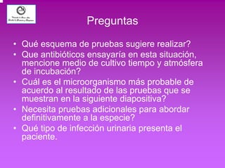 Preguntas 
• Qué esquema de pruebas sugiere realizar? 
• Que antibióticos ensayaría en esta situación, 
mencione medio de cultivo tiempo y atmósfera 
de incubación? 
• Cuál es el microorganismo más probable de 
acuerdo al resultado de las pruebas que se 
muestran en la siguiente diapositiva? 
• Necesita pruebas adicionales para abordar 
definitivamente a la especie? 
• Qué tipo de infección urinaria presenta el 
paciente. 
 