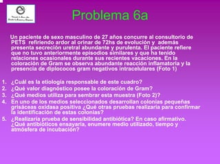 Problema 6a 
Un paciente de sexo masculino de 27 años concurre al consultorio de 
PETS refiriendo ardor al orinar de 72hs de evolución y además 
presenta secreción uretral abundante y purulenta. El paciente refiere 
que no tuvo anteriormente episodios similares y que ha tenido 
relaciones ocasionales durante sus recientes vacaciones. En la 
coloración de Gram se observa abundante reacción inflamatoria y la 
presencia de diplococos gram negativos intracelulares (Foto 1) 
1. ¿Cuál es la etiología responsable de este cuadro? 
2. ¿Qué valor diagnóstico posee la coloración de Gram? 
3. ¿Qué medios utiliza para sembrar esta muestra (Foto 2)? 
4. En uno de los medios seleccionados desarrollan colonias pequeñas 
grisáceas oxidasa positiva ¿Qué otras pruebas realizaría para confirmar 
la identificación de estas colonias? 
5. ¿Realizaría prueba de sensibilidad antibiótica? En caso afirmativo. 
¿Qué antibióticos ensayaría, enumere medio utilizado, tiempo y 
atmósfera de incubación? 
 