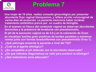 Problema 7 
Una mujer de 19 años realiza consulta ginecológica por presentar 
abundante flujo vaginal blanquecino, y refiere prurito vulvovaginal de 
varios días de evolución. La paciente menciona haber recibido 
tratamiento antibiótico previo por un cuadro de faringitis. 
En el examen en fresco del contenido vaginal se observan abundantes 
leucocitos y la presencia de levaduras con pseudomicelio. 
El pH de la secreción vaginal es de 4.0 y en la coloración de Gram 
se visualizan bacilos gram positivos de bordes paralelos y extremos 
romos junto con formas levaduriformes con pseudomicelio (Foto 1). 
1. ¿Qué patología presenta la paciente a nivel del TGI? 
2. ¿Cuál es el agente etiológico? 
3. ¿Es compatible el pH obtenido con la microbiota observada? 
4. ¿De qué métodos diagnósticos se valió para predecir la etiología? 
5. ¿Qúe tratamiento sería adecuado? 
 