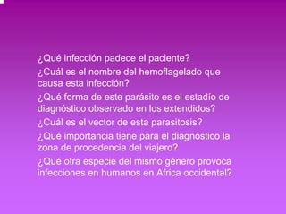 ¿Qué infección padece el paciente? 
¿Cuál es el nombre del hemoflagelado que 
causa esta infección? 
¿Qué forma de este parásito es el estadío de 
diagnóstico observado en los extendidos? 
¿Cuál es el vector de esta parasitosis? 
¿Qué importancia tiene para el diagnóstico la 
zona de procedencia del viajero? 
¿Qué otra especie del mismo género provoca 
infecciones en humanos en Africa occidental? 
