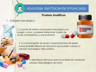 Abordaje del Paciente Intoxicado
Pruebas Analíticas
1. Cribado toxicológico
2. Cuando se realice una prueba toxicológica en
sangre u orina, considere determinar niveles de
ácido acetilsalicílico y paracetamol
3. La cromatografía de gases o espectroscopia de gases-
masas puede diferenciar fármacos que pueden causar un
cribado toxicológico falso positivo
4. Identifique fármacos que no se detectan mediante
cribado toxicológico de rutina
 