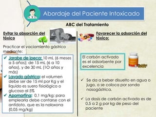 Abordaje del Paciente Intoxicado
ABC del Tratamiento
Evitar la absorción del
tóxico
Favorecer la adsorción del
tóxico:
El carbón activado
es el adsorbente por
excelencia
 Se da a beber disuelto en agua o
jugo, o se coloca por sonda
nasogástrica.
 La dosis de carbón activado es de
0,5 a 2 g por kg de peso del
paciente
 Jarabe de ipeca: 10 mL (6 meses
a 5 años); de 15 mL (6 a 10
años), y de 30 mL (1O años y
más)
 Lavado gástrico: el volumen
debe ser de 15 ml por Kg y el
liquido es suero fisiológico o
glucosa al 5%
 Apomorfina: 0,1 mg/kg; para
emplearla debe contarse con el
antídoto, que es la naloxona
(0,05 mg/kg)
Practicar el vaciamiento gástrico
mediante:
 