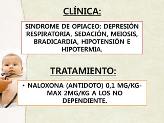 CLÍNICA:
SINDROME DE OPIACEO: DEPRESIÓN
RESPIRATORIA, SEDACIÓN, MEIOSIS,
BRADICARDIA, HIPOTENSIÓN E
HIPOTERMIA.
TRATAMIENTO:
• NALOXONA (ANTIDOTO) 0,1 MG/KG-
MAX 2MG/KG A LOS NO
DEPENDIENTE.
 