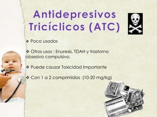  Poco usados
 Otros usos : Enuresis, TDAH y trastorno
obsesivo compulsivo.
 Puede causar Toxicidad Importante
 Con 1 a 2 comprimidos (10-20 mg/kg)
 