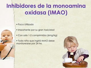  Poco Utilizado
 Importante por su gran toxicidad
 Con solo 1-2 comprimidos (6mg/kg)
 Todo niño que ingirió IMAO debe
monitorearse por 24 hrs
 