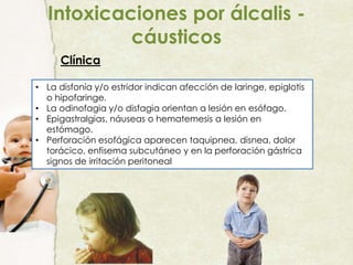 Intoxicaciones por álcalis -
cáusticos
Clínica
• La disfonía y/o estridor indican afección de laringe, epiglotis
o hipofaringe.
• La odinofagia y/o disfagia orientan a lesión en esófago.
• Epigastralgias, náuseas o hematemesis a lesión en
estómago.
• Perforación esofágica aparecen taquipnea, disnea, dolor
torácico, enfisema subcutáneo y en la perforación gástrica
signos de irritación peritoneal
 