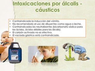 • Contraindicada la inducción del vómito.
• No recomendado el uso de diluyentes como agua o leche.
• Contraindicados los neutralizantes (bicarbonato sódico para
los ácidos, ácidos débiles para los álcalis).
• El carbón activado no es efectivo.
• El vaciado gástrico está contraindicado.
Intoxicaciones por álcalis -
cáusticos
 