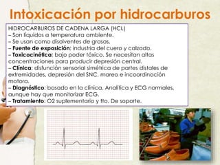 Intoxicación por hidrocarburos
HIDROCARBUROS DE CADENA LARGA (HCL)
– Son líquidos a temperatura ambiente.
– Se usan como disolventes de grasas.
– Fuente de exposición: industria del cuero y calzado.
– Toxicocinética: bajo poder tóxico. Se necesitan altas
concentraciones para producir depresión central.
– Clínica: disfunción sensorial simétrica de partes distales de
extremidades, depresión del SNC, mareo e incoordinación
motora.
– Diagnóstico: basado en la clínica. Analítica y ECG normales,
aunque hay que monitorizar ECG.
– Tratamiento: O2 suplementario y tto. De soporte.
 
