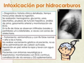 – Diagnóstico: historia clínica detallada, tiempo
transcurrido desde la ingestión.
Se realizarán: hemograma, glucemia, urea,
electrolitos, pruebas de función hepática, análisis
de orina, gasometría arterial y monitorización de
ECG.
En la Rx de tórax se observan infiltrados basales y
perihiliares uni o bilaterales, a veces con zonas de
atelectasia.
– Tratamiento: asintomáticos y con Rx tórax normal
= alta a las 6 horas.
No realizar vaciamiento gástrico al paciente, no es
útil la administración de carbón activado.
Exposición en piel: retirar la ropa y lavar con agua
y jabón.
Pacientes con síntomas neurológicos o
respiratorios: monitorizados con ECG continuo,
canalización de vía venosa y O2 suplementarios.
Intoxicación por hidrocarburos
 