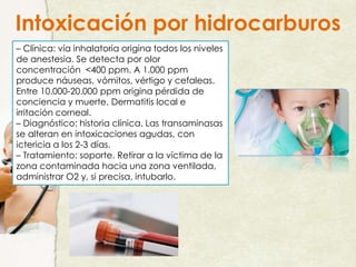 Intoxicación por hidrocarburos
– Clínica: vía inhalatoria origina todos los niveles
de anestesia. Se detecta por olor
concentración <400 ppm. A 1.000 ppm
produce náuseas, vómitos, vértigo y cefaleas.
Entre 10.000-20.000 ppm origina pérdida de
conciencia y muerte. Dermatitis local e
irritación corneal.
– Diagnóstico: historia clínica. Las transaminasas
se alteran en intoxicaciones agudas, con
ictericia a los 2-3 días.
– Tratamiento: soporte. Retirar a la víctima de la
zona contaminada hacia una zona ventilada,
administrar O2 y, si precisa, intubarlo.
 