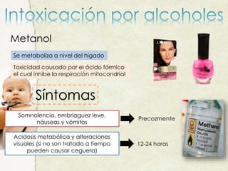 Metanol
Se metaboliza a nivel del hígado
Toxicidad causada por el ácido fórmico
el cual inhibe la respiración mitocondrial
Síntomas
Somnolencia, embriaguez leve,
náuseas y vómitos
Acidosis metabólica y alteraciones
visuales (si no son tratado a tiempo
pueden causar ceguera)
Precozmente
12-24 horas
 