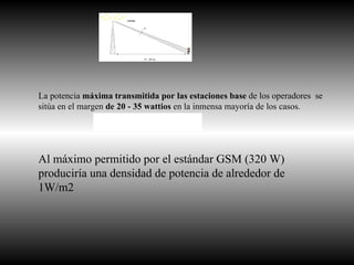 La potencia  máxima transmitida por las estaciones base  de los operadores  se sitúa en el margen  de 20 - 35 wattios  en la inmensa mayoría de los casos. Al máximo permitido por el estándar GSM (320 W) produciría una densidad de potencia de alrededor de 1W/m2  