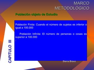 Población objeto de Estudio Población Finita: Cuando el número de sujetos es inferior o igual a 100.000  Población Infinita: El número de personas o cosas es superior a 100.000 .   Sierra Bravo CAPITULO  III MARCO METODOLÓGICO 