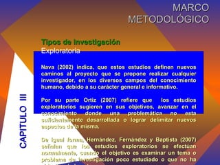 Tipos de Investigación Exploratoria Nava (2002) indica, que estos estudios definen nuevos caminos al proyecto que se propone realizar cualquier investigador, en los diversos campos del conocimiento humano, debido a su carácter general e informativo.  Por su parte Ortiz (2007) refiere que  los estudios exploratorios sugieren en sus objetivos, avanzar en el conocimiento donde una problemática no esta suficientemente desarrollada o lograr delimitar nuevos aspectos de la misma. De igual forma, Hernández, Fernández y Baptista (2007) señalan que los estudios exploratorios se efectúan normalmente, cuando el objetivo es examinar un tema o problema de investigación poco estudiado o que no ha sido abordado antes. CAPITULO  III MARCO METODOLÓGICO 