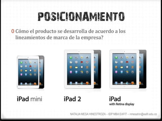 POSICIONAMIENTO
0  Cómo	
  el	
  producto	
  se	
  desarrolla	
  de	
  acuerdo	
  a	
  los	
  
  lineamientos	
  de	
  marca	
  de	
  la	
  empresa?	
  




                                       NATALIA MESA HINESTROZA – IDP MBA EAFIT – nmesahin@eafit.edu.co
 