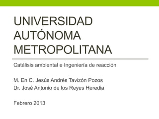 UNIVERSIDAD
AUTÓNOMA
METROPOLITANA
Catálisis ambiental e Ingeniería de reacción

M. En C. Jesús Andrés Tavizón Pozos
Dr. José Antonio de los Reyes Heredia

Febrero 2013
 