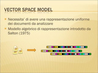 Necessita’ di avere una rappresentazione uniforme dei documenti da analizzare Modello algebrico di rappresentazione introdotto da Salton (1975) 
