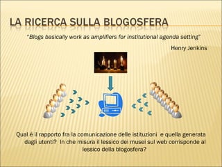 “ Blogs basically work as amplifiers for institutional agenda setting ” Henry Jenkins  Qual é il rapporto fra la comunicazione delle istituzioni  e quella generata dagli utenti?  In che misura il lessico dei musei sul web corrisponde al lessico della blogosfera?  