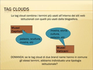La tag cloud combina i termini più usati all’interno dei siti web istituzionali con quelli più usati dalla blogosfera. DOMANDA: se le tag cloud di due  brand name  hanno in comune gli stessi termini, abbiamo individuato una tipologia istituzionale?  Musei Vaticani mostra, storia,  cultura, palazzo..etc Musei Capitolini palazzo, scultura,  mostra, etc 