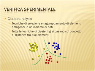 Cluster analysis Tecniche di selezione e raggruppamento  di elementi omogenei in un insieme di dati Tutte le tecniche di  clustering  si basano sul concetto di distanza tra due elementi 