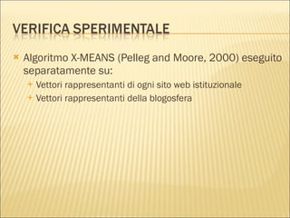Algoritmo X-MEANS (Pelleg and Moore, 2000) eseguito separatamente su: Vettori rappresentanti di ogni sito web istituzionale Vettori rappresentanti della blogosfera 