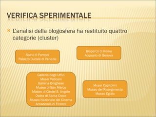 L’analisi della blogosfera ha restituito quattro categorie (cluster) Scavi di Pompei Palazzo Ducale di Venezia Bioparco di Roma Acquario di Genova Galleria degli Uffizi Musei Vaticani Galleria Borghese Museo di San Marco Museo di Castel S. Angelo Opera di Santa Croce Museo Nazionale del Cinema Accademia di Firenze Musei Capitolini Museo del Risorgimento Museo Egizio 