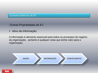Conceitos Básicos de SI: 
-Outras Propriedades de S.I: 
 Ativo de Informação. 
A informação é elemento essencial para todos os processos de negócio 
da organização, portanto é qualquer coisa que tenha valor para a 
organização. 
DADOS INFORMAÇÃO CONHECIMENTO 
 