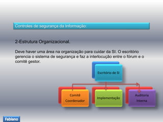Controles de segurança da Informação: 
2-Estrutura Organizacional. 
Deve haver uma área na organização para cuidar da SI. O escritório 
gerencia o sistema de segurança e faz a interlocução entre o fórum e o 
comitê gestor. 
Escritório de SI 
Comitê 
Coordenador 
Implementação 
Auditoria 
Interna 
 