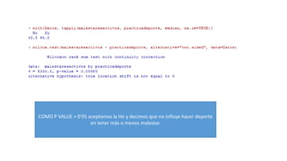 COMO P VALUE > 0’05 aceptamos la Ho y decimos que no influye hacer deporte
en tener más o menos malestar.
 