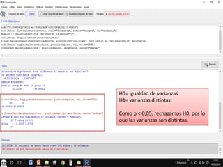 H0= igualdad de varianzas
H1= varianzas distintas
Como p < 0,05, rechazamos H0, por lo
que las varianzas son distintas.
 