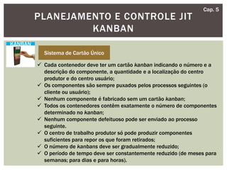 PLANEJAMENTO E CONTROLE JIT
KANBAN
Cap. 5
KANBAN
Sistema de Cartão Único
 Cada contenedor deve ter um cartão kanban indicando o número e a
descrição do componente, a quantidade e a localização do centro
produtor e do centro usuário;
 Os componentes são sempre puxados pelos processos seguintes (o
cliente ou usuário);
 Nenhum componente é fabricado sem um cartão kanban;
 Todos os contenedores contêm exatamente o número de componentes
determinado no kanban;
 Nenhum componente defeituoso pode ser enviado ao processo
seguinte.
 O centro de trabalho produtor só pode produzir componentes
suficientes para repor os que foram retirados;
 O número de kanbans deve ser gradualmente reduzido;
 O período de tempo deve ser constantemente reduzido (de meses para
semanas; para dias e para horas).
 