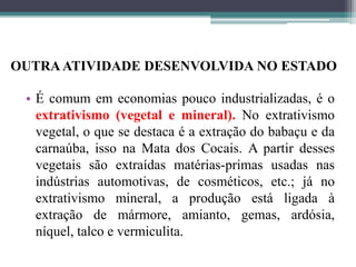 OUTRAATIVIDADE DESENVOLVIDA NO ESTADO
• É comum em economias pouco industrializadas, é o
extrativismo (vegetal e mineral). No extrativismo
vegetal, o que se destaca é a extração do babaçu e da
carnaúba, isso na Mata dos Cocais. A partir desses
vegetais são extraídas matérias-primas usadas nas
indústrias automotivas, de cosméticos, etc.; já no
extrativismo mineral, a produção está ligada à
extração de mármore, amianto, gemas, ardósia,
níquel, talco e vermiculita.
 