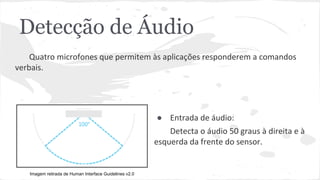 Detecção de Áudio 
Quatro microfones que permitem às aplicações responderem a comandos 
verbais. 
Imagem retirada de Human Interface Guidelines v2.0 
● Entrada de áudio: 
Detecta o áudio 50 graus à direita e à 
esquerda da frente do sensor. 
 