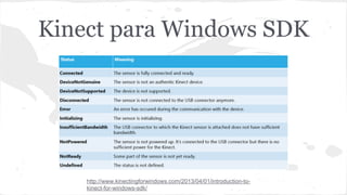 Kinect para Windows SDK 
http://www.kinectingforwindows.com/2013/04/01/introduction-to-kinect- 
for-windows-sdk/ 
 
