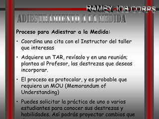 Los Estándares para el Éxito de Carreras son monitoreados y apoyados por el personal.RAMEY JOB CORPSTransformaciónLos Estándares para el Éxito de Carrerasson destrezas de comportamiento que se esperan en áreas de empleabilidad, desarrollo social y vida independiente. Los estándares son integrados  a través de todos los aspectos del programa; incluyendo, en las clases de materias básicas.Ética y Relaciones LaboralesDesarrollo de Crecimiento PersonalComunicacionesDestrezas InterpersonalesManejo de InformaciónDiversidad CulturalPlanificación Personal y de CarrerasVida Independiente