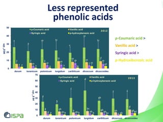 Less represented
phenolic acids
p-Coumaric acid >
Vanillic acid >
Syringic acid >
p-Hydroxibenzoic acid
d
0
10
20
30
40
50
durum turanicum polonicum turgidum carthlicum dicoccum dicoccoides
p-Coumaric acid Vanillic acid
Syringic acid p-hydroxybenzoic acid
μgg-1dm
2012
a a b
bc ab
ab
d
a ab ab
ab
ab
c
ab
a b b b bc
ab
ad
a
b
ab
d
ae
bcbc
0
10
20
30
40
50
60
70
durum turanicum polonicum turgidum carthlicum dicoccum dicoccoides
p-Coumaric acid Vanillic acid
Syringic acid p-hydroxybenzoic acid
2013
μgg-1dm
a
a
a a
b
ab
abb
c
b
abb
d
bc
ab
b
ab
ab
ab
bc
c
ab
c ab
c
d
abad
 