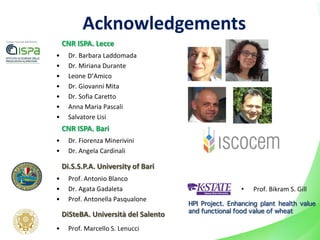 Acknowledgements
• Dr. Barbara Laddomada
• Dr. Miriana Durante
• Leone D’Amico
• Dr. Giovanni Mita
• Dr. Sofia Caretto
• Anna Maria Pascali
• Salvatore Lisi
Di.S.S.P.A. University of Bari
• Prof. Antonio Blanco
• Dr. Agata Gadaleta
• Prof. Antonella Pasqualone
CNR ISPA. Lecce
• Prof. Marcello S. Lenucci
DiSteBA. Università del Salento
CNR ISPA. Bari
• Dr. Fiorenza Minerivini
• Dr. Angela Cardinali
• Prof. Bikram S. Gill
HPI Project. Enhancing plant health value
and functional food value of wheat
 