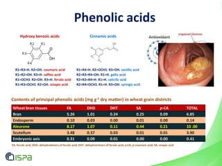 Wheat bran tissues FA DHD DHT SA p-CA TOTAL
Bran 5.26 1.01 0.24 0.25 0.09 6.85
Endosperm 0.10 0.03 0.00 0.01 0.00 0.14
Aleurone 8.17 1.07 0.11 0.44 0.21 10 .00
Scutellum 3.48 0.37 0.03 0.01 0.01 3.90
Embryonic axis 0.31 0.09 0.01 0.00 0.00 0.41
Contents of principal phenolic acids (mg g-1 dry matter) in wheat grain districts
Phenolic acids
Cinnamic acids
R1=R4=H. R2=OCH3. R3=OH. vanillic acid
R2=R3=R4=OH. R1=H. gallic acid
R2=R3=R4=H. R1=H. salicilic acid
R2=R4=OCH3. R1=H. R3=OH. syringic acid
Hydroxy benzoic acids
R1=R3=H. R2=OH. coumaric acid
R1=R2=OH. R3=H. caffeic acid
R1=OCH3. R2=OH. R3=H. ferulic acid
R1=R3=OCH3. R2=OH. sinapic acid
FA. ferulic acid; DHD. dehydrodimers of ferulic acid; DHT. dehydrotrimers of ferulic acid; p-CA. p-coumaric acid; SA. sinapic acid
 