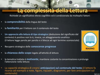 Richiede un significativo sforzo cognitivo ed è condizionata da molteplici fattori:
• la comprensibilità della lingua del testo
• la familiarità per il lettore con il contenuto del testo
• Un approccio alla lettura di tipo strategico (deduzione del significato dal
contesto) è positivo non lo è, invece, un atteggiamento analitico
(il lettore legge parola per parola e si blocca ad ogni termine sconosciuto)
• Recupero strategico delle conoscenze pregresse
• la chiarezza dello scopo legato all’attività di lettura
• la tematica trattata è motivante, mantiene costante la concentrazione e prolunga
l’attenzione nella lettura
• La capacità strategica di crearsi anticipazioni sul contenuto del testo (il lettore fa
ricorso ad esempio a note, figure, riquadri, diagrammi, per fare anticipazioni sul
contenuto)
La complessità della Lettura
 