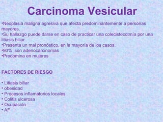 Carcinoma Vesicular
•Neoplasia maligna agresiva que afecta predominantemente a personas
mayores.
•Su hallazgo puede darse en caso de practicar una colecistecotmía por una
litiasis biliar
•Presenta un mal pronóstico, en la mayoría de los casos.
•90% son adenocarcinomas
•Predomina en mujeres


FACTORES DE RIESGO

• Litiasis biliar
• obesidad
• Procesos inflamatorios locales
• Colitis ulcerosa
• Ocupación
• AF
 