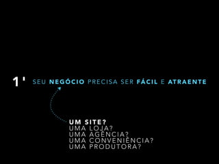 1 ' SEU NEGÓCIO PRECISA SER FÁCIL E ATRAENTE 
UM SITE? 
UMA LOJA? 
UMA AGÊNCIA? 
UMA CONVENIÊNCIA? 
UMA PRODUTORA? 
 