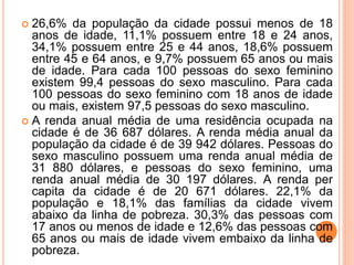  26,6% da população da cidade possui menos de 18
anos de idade, 11,1% possuem entre 18 e 24 anos,
34,1% possuem entre 25 e 44 anos, 18,6% possuem
entre 45 e 64 anos, e 9,7% possuem 65 anos ou mais
de idade. Para cada 100 pessoas do sexo feminino
existem 99,4 pessoas do sexo masculino. Para cada
100 pessoas do sexo feminino com 18 anos de idade
ou mais, existem 97,5 pessoas do sexo masculino.
 A renda anual média de uma residência ocupada na
cidade é de 36 687 dólares. A renda média anual da
população da cidade é de 39 942 dólares. Pessoas do
sexo masculino possuem uma renda anual média de
31 880 dólares, e pessoas do sexo feminino, uma
renda anual média de 30 197 dólares. A renda per
capita da cidade é de 20 671 dólares. 22,1% da
população e 18,1% das famílias da cidade vivem
abaixo da linha de pobreza. 30,3% das pessoas com
17 anos ou menos de idade e 12,6% das pessoas com
65 anos ou mais de idade vivem embaixo da linha de
pobreza.
 