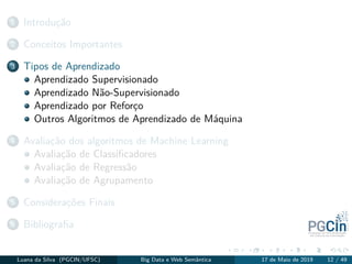 1 Introdução
2 Conceitos Importantes
3 Tipos de Aprendizado
Aprendizado Supervisionado
Aprendizado Não-Supervisionado
Aprendizado por Reforço
Outros Algoritmos de Aprendizado de Máquina
4 Avaliação dos algoritmos de Machine Learning
Avaliação de Classiﬁcadores
Avaliação de Regressão
Avaliação de Agrupamento
5 Considerações Finais
6 Bibliograﬁa
Luana da Silva (PGCIN/UFSC) Big Data e Web Semântica 17 de Maio de 2019 12 / 49
 