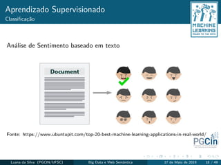 Aprendizado Supervisionado
Classiﬁcação
Análise de Sentimento baseado em texto
Fonte: https://www.ubuntupit.com/top-20-best-machine-learning-applications-in-real-world/
Luana da Silva (PGCIN/UFSC) Big Data e Web Semântica 17 de Maio de 2019 18 / 49
 