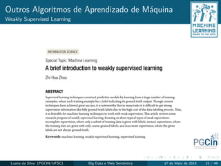 Outros Algoritmos de Aprendizado de Máquina
Weakly Supervised Learning
Luana da Silva (PGCIN/UFSC) Big Data e Web Semântica 17 de Maio de 2019 33 / 49
 