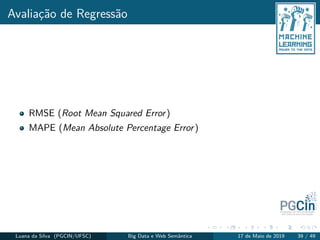 Avaliação de Regressão
RMSE (Root Mean Squared Error)
MAPE (Mean Absolute Percentage Error)
Luana da Silva (PGCIN/UFSC) Big Data e Web Semântica 17 de Maio de 2019 39 / 49
 