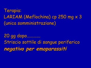 Terapia: LARIAM (Meflochina) cp 250 mg x 3 (unica somministrazione) 20 gg dopo…………. Striscio sottile di sangue periferico  negativo per emoparassiti 