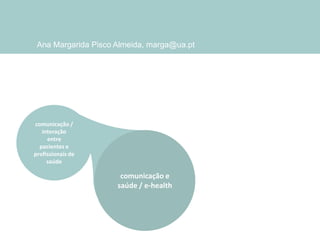 Ana Margarida Pisco Almeida, marga@ua.pt

comunicação /
interação
entre
pacientes e
profissionais de
saúde

comunicação e
saúde / e-health

 